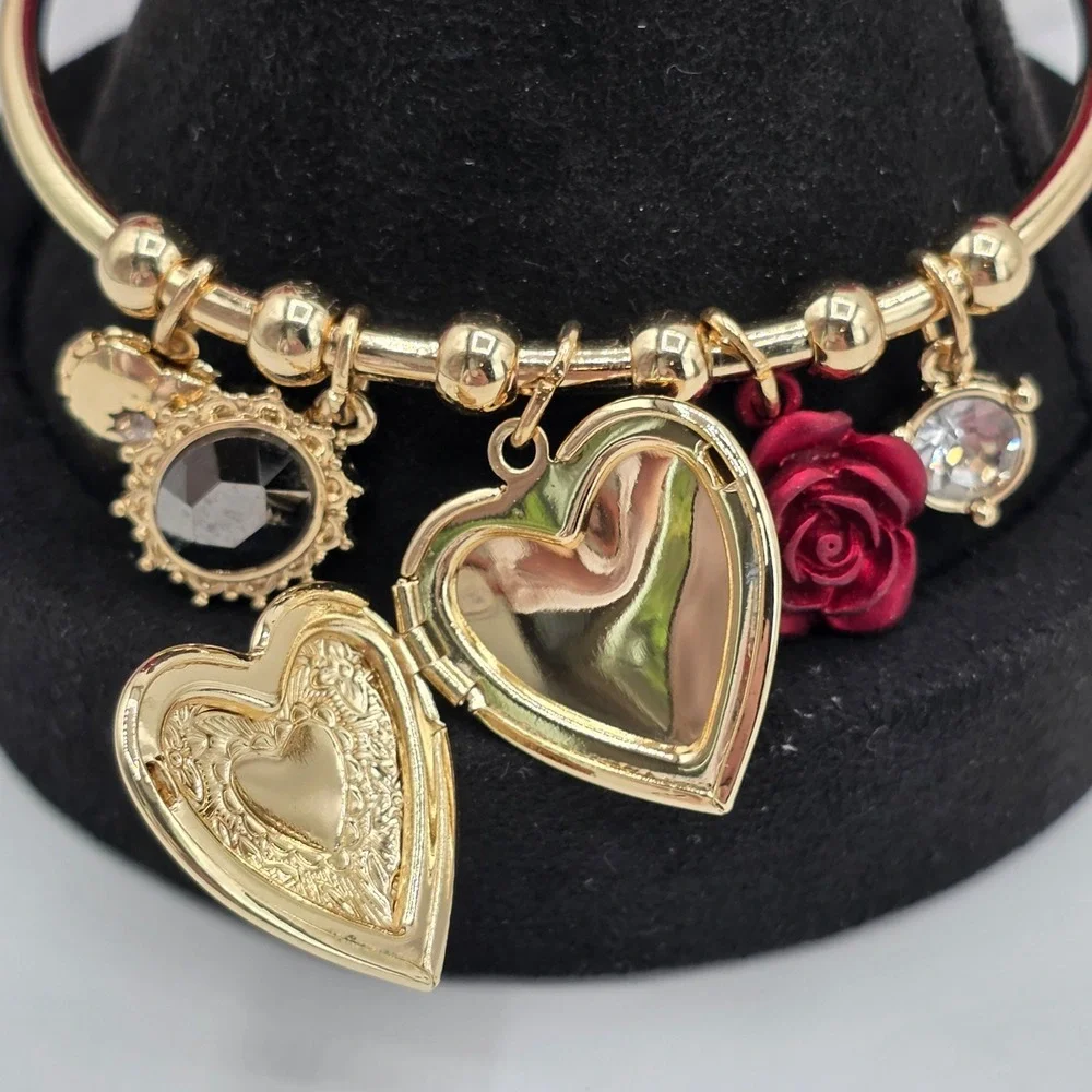 Guess Gold Tone Heart Locket Rose Charm Bangle Bracelet Adjustable Logo Tag